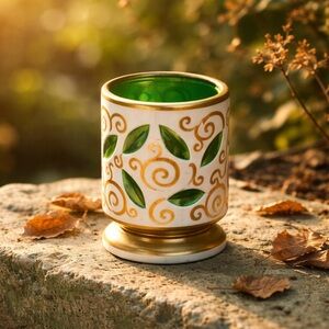 Bohemian Czech Cased White Over Green Glass Windows Gold Detail TOOTHPICK HOLDER